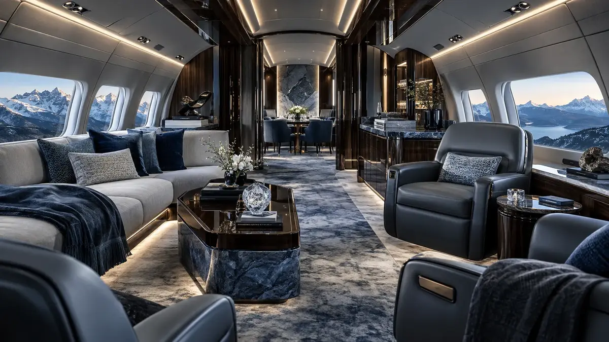 Premium private jet cabin with sculptural leather seats and panoramic aircraft windows