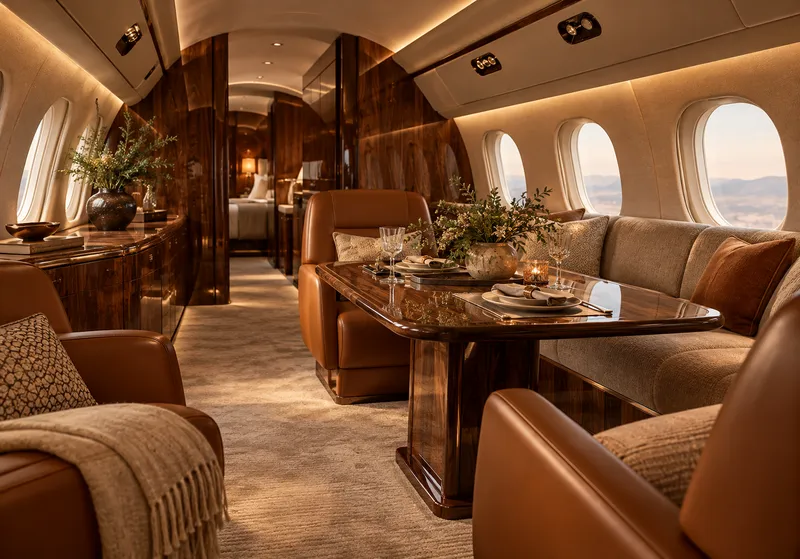 Luxury aircraft cabin design featuring cognac leather walnut veneer and warm ambient light