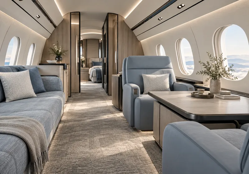 Modern private airplane interior with muted blue grey seating and light oak finishes
