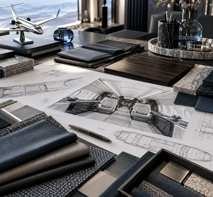 Interior design material workspace featuring leather samples veneers and architectural drawings