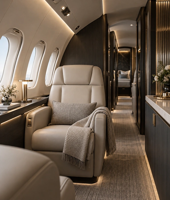 Aircraft cabin with meticulously considered custom finishes and seating