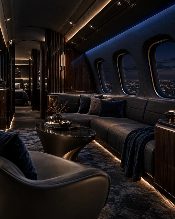 Warm tan leather armchairs and sculptural lighting inside luxury aircraft cabin