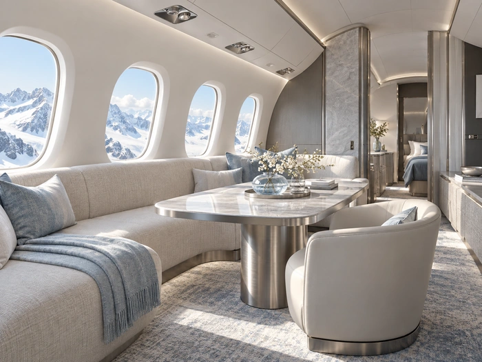 Private aircraft interior featuring restrained pale upholstery and cool finishes