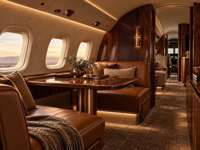 Elegant cabin interior with rich walnut wood and natural leather accents