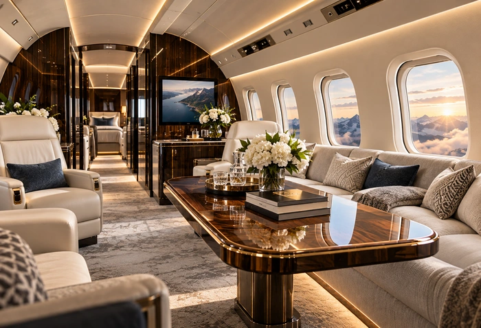 Modern private aircraft cabin in cream leather with integrated soft lighting