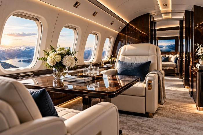 Close-up of premium aircraft seating leather upholstery and elegant wood veneer