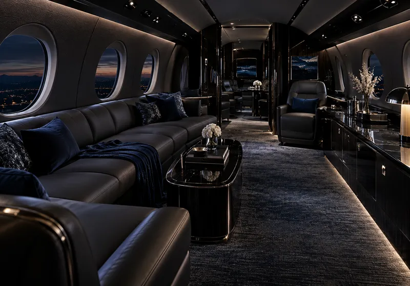 Contemporary private aircraft interior with midnight charcoal leather and dark blue details