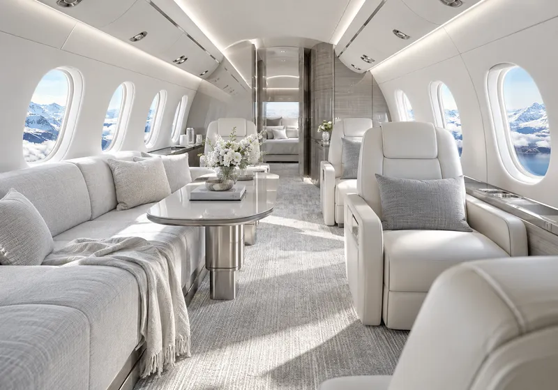 Light airy jet cabin with ivory seats grey textiles and diffused daylight